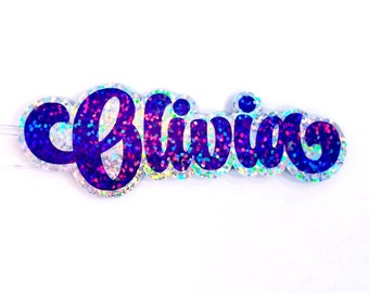 Custom Name Glitter Sticker, script style personalized first name decal for water bottles, laptops, journals, mugs and tumbler cups.