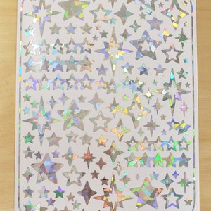 Star Stickers, set of 100 holographic toploader sticker sheets, holo deco star stickers for cardholders, envelopes, journals and photocards sparkle silver