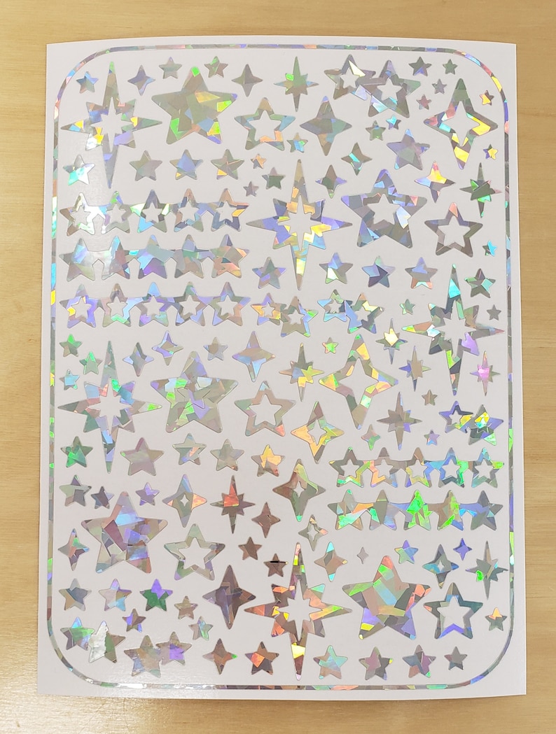 Star Stickers, set of 100 holographic toploader sticker sheets, holo deco star stickers for cardholders, envelopes, journals and photocards sparkle silver