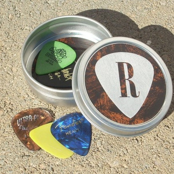 Guitar Pick Tin - gift for guitarist or musician - Guitar Pick Holder - Metal Tin Personalized Initial Letter monogram - guitar pick holder
