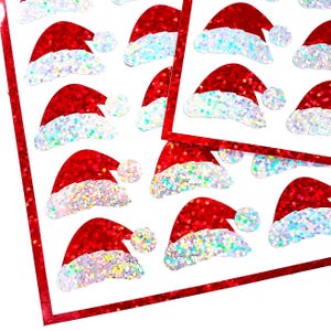Santa Claus Hat Sticker Sheet, Set of 25 sparkly Santa Hat red decals for ornaments, cards, stationery, crafts, envelopes, gift tags.