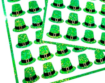 Leprechaun Hat Stickers, set of 35 green St. Patrick's Day hat glitter stickers for cards, envelopes, March calendars and craft projects.