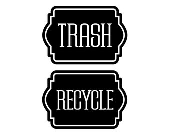Trash and Recycle Decal Set, garbage barrel and recycling stickers, computer cut vinyl decals for kitchen trash recycling, pantry label set