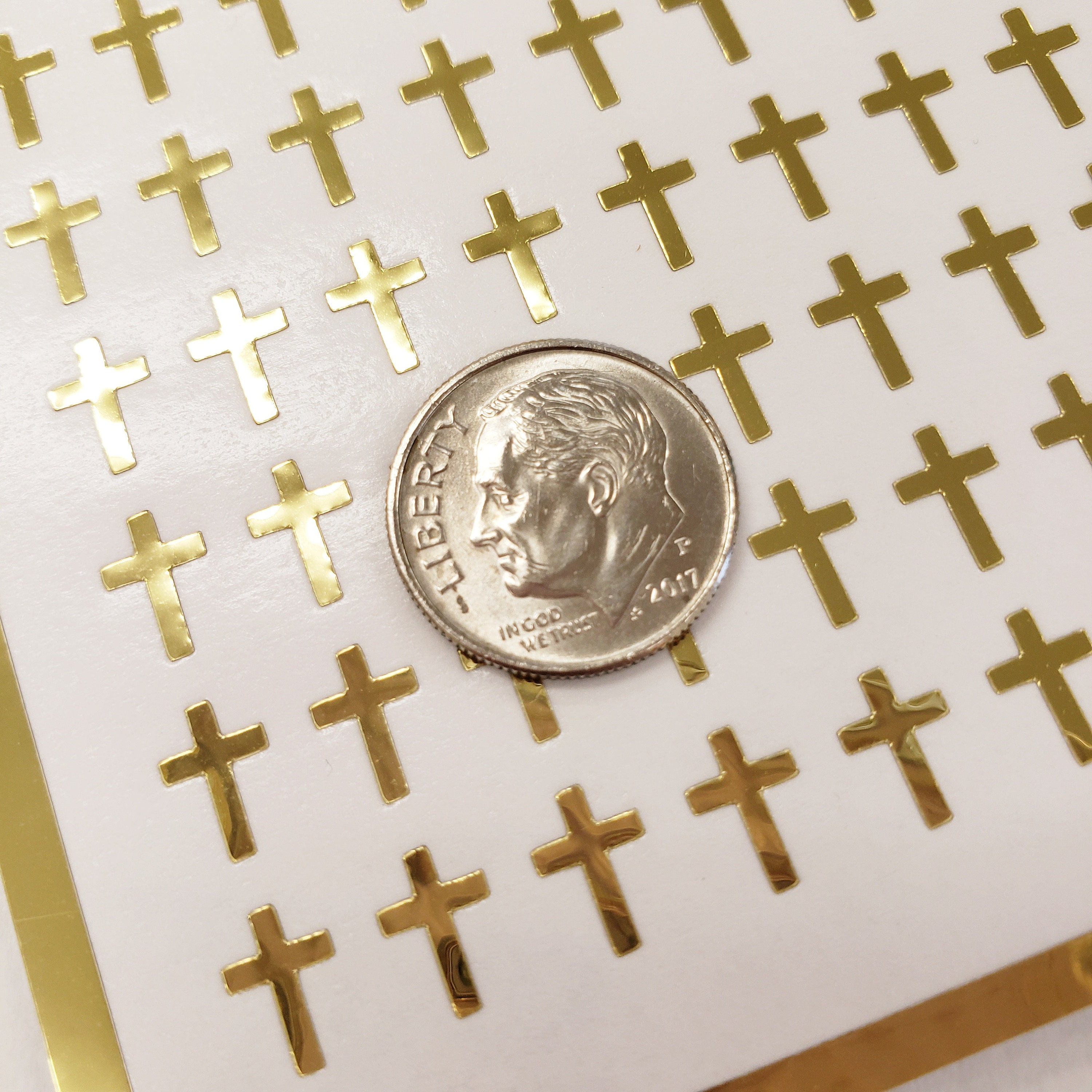 Gold Religious Cross Stickers - Vinyl Decals For Envelopes, Crafts, Church & School Projects