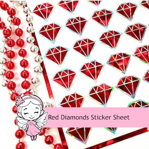 May include: A sticker sheet featuring multiple red diamond-shaped stickers with holographic outlines, accompanied by a string of red and silver spherical beads. A cartoon fairy illustration and the text Red Diamonds Sticker Sheet are present.