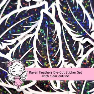Black Raven Bird Feathers Die Cut Sticker Bundle, set of 18 feather shaped stickers for Halloween decor, journal embellishments