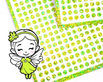 Extra Small Yellow Green Glitter Dot Stickers. Set of 750 micro sized neon dots for journals, planners, goal trackers, calendars and crafts.