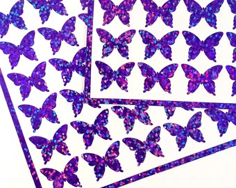 Purple Butterfly Sticker Sheet, set of 50 small glitter butterflies, vinyl decals for scrapbook, journals, notebooks and craft projects.