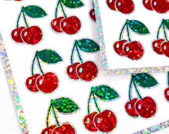 Cherry Stickers, set of 30 small sparkly retro style cherry fruit vinyl stickers for laptops, scrapbooks, cards, journals, notebooks.