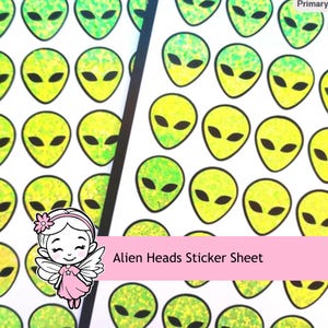 Sparkly Alien Head Sticker Sheet, Neon Yellow & Black, Set of 42