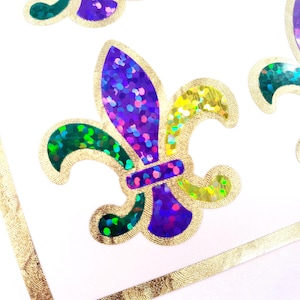 Mardi Gras Stickers, set of 12 Louisiana French Fleur de Lis glitter stickers for cards, envelopes & hurricane glasses, larger size