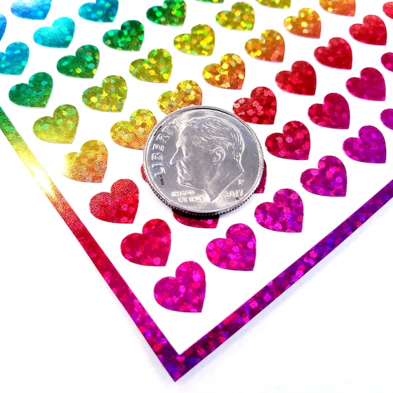 Small Rainbow Hearts Sticker Sheet, Set of 285 Rainbow Glitter