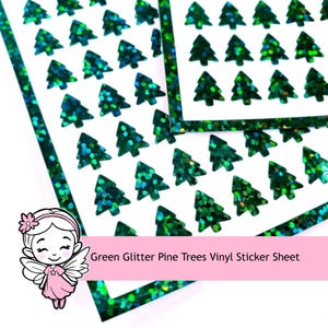 Small Pine Trees Sticker Sheet, set of 195 sparkly evergreen trees for holiday decor, cards, scrapbook pages, and ornaments.