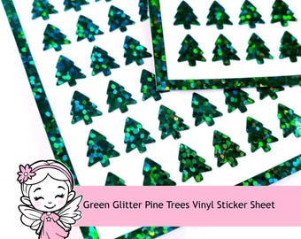 Small Pine Trees Sticker Sheet, set of 195 sparkly evergreen trees for holiday decor, cards, scrapbook pages, and ornaments.