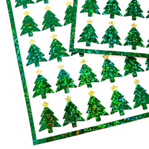 Christmas Tree Stickers, set of 50 Evergreen Pine Tree with gold star decorative handmade stickers for ornaments, cards and gift tags.