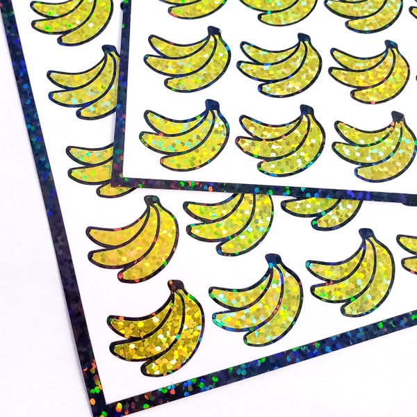 Yellow Bananas Sticker Sheet, set of 40 small sparkly banana bunch vinyl decals for notebooks, journals and meal planners. Yellow Bananas.