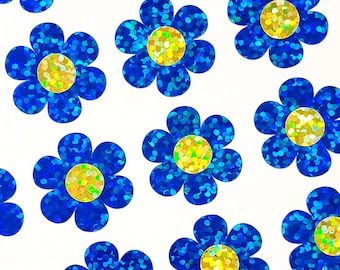 Daisy Flower Stickers, set of 40 blue and yellow sparkly flower stickers for envelopes, journals, paper stationery, laptops and crafts.