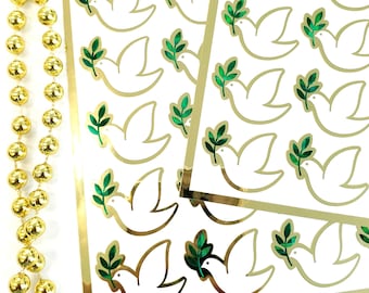Peace Dove Sticker Sheet, set of 28 white and gold stickers for invitations, envelopes, memorial cards, planners, journals and crafts.