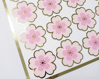 Pink and Gold Cherry Blossom Stickers, set of 20 Sakura Flower Decals, Spring Crafts, Wedding Envelope Seals, Mother's Day Gift, waterproof.