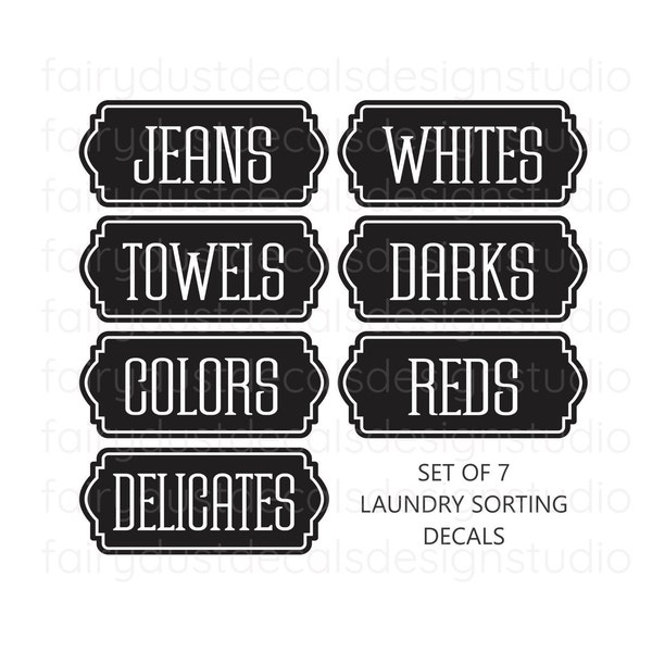 Laundry Basket Decals, set of 7 vinyl labels for sorting clothes hamper, laundry room organization, DECALS ONLY