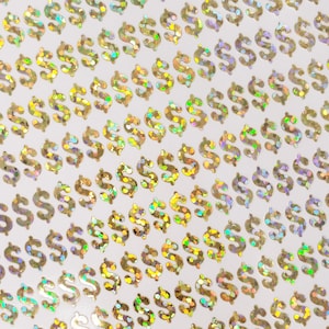 Gold Dollar Sign Money Stickers for household budgets, financial planning, and journals. Set of 350 extra small dollars, pay day stickers.