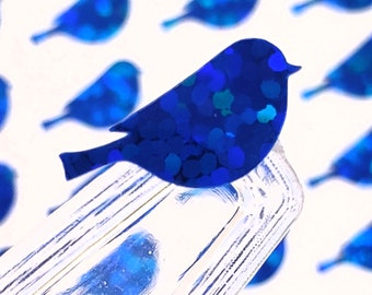 Bluebirds Stickers, set of 70 small sparkly bird shaped vinyl decals for journals, notebooks, laptops, notecards and envelopes.