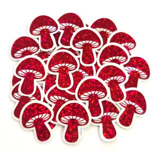 Tiny Red Mushroom Stickers, set of 12 die-cut sparkly toadstool decals for cottagecore scrapbooking, crafts, journals