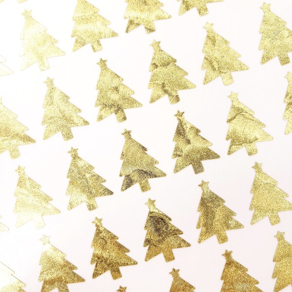 Gold Christmas Tree Stickers, set of 50 or 100 metallic gold pine trees, holiday party card envelope seals, wedding meal choice stickers