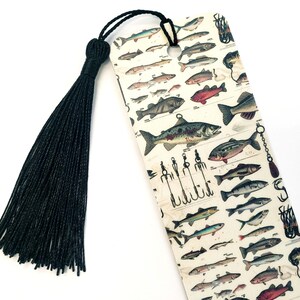 Fishing Bookmark, Father's Day gift, old fashioned fly fishing gear and lures printed design with tassel, gift under 10 dollars