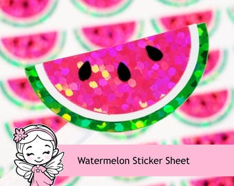 Watermelon Sticker Sheet, set of 48 sparkly summer fruit vinyl decals.