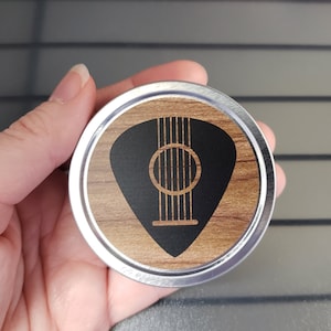 Guitar Pick Holder, acoustic guitar pick container, six string guitar design, guitar pick case, gift for musician, round tin case for picks