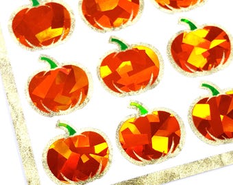 Pumpkin Sticker Sheet, set of 54 small sparkly pumpkin vinyl decals for Halloween and Autumn crafts.