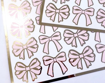 Bow Stickers, set of 28 pale pink and gold girly ribbon shaped decals, coquette aesthetic, peel and stick bows for cards, notebooks and more