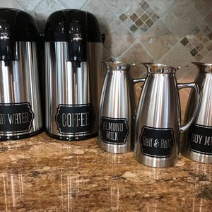 Coffee Decal, Set of 6 carafe decals, coffee decaf hot water cream milk, wedding dessert coffee station vinyl decals, DECALS ONLY
