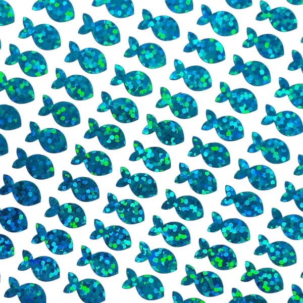 Extra Small Fish Stickers, set of 198 sparkly turquoise mini fish stickers.