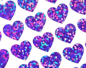 Purple Heart Stickers, Set of 104 sparkly vinyl decals for planners, notebooks, journals, and crafts. Half inch hearts, Gift for girl.