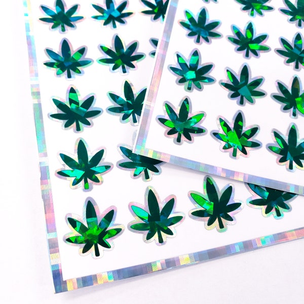 Pot Leaf Stickers, set of 30 green & silver sparkle cannabis leaf decals, pot leaf weed stickers to label edibles containers, food warning