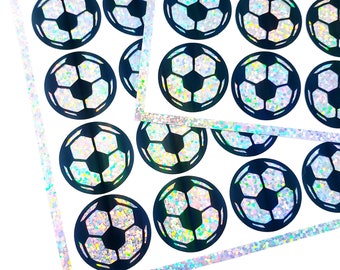 Soccer ball Stickers, set of 48 black and silver glitter stickers for kids sports, soccer birthday party decor, waterproof handmade stickers