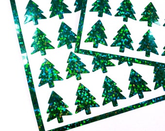 Green Pine Trees Sticker Sheet, set of 50 Evergreen decorative stickers for ornaments, notebooks, planners, gift tags and holiday envelopes.