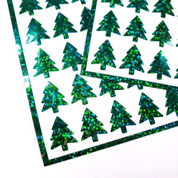 Green Pine Trees Sticker Sheet, set of 50 Evergreen decorative stickers for ornaments, notebooks, planners, gift tags and holiday envelopes.