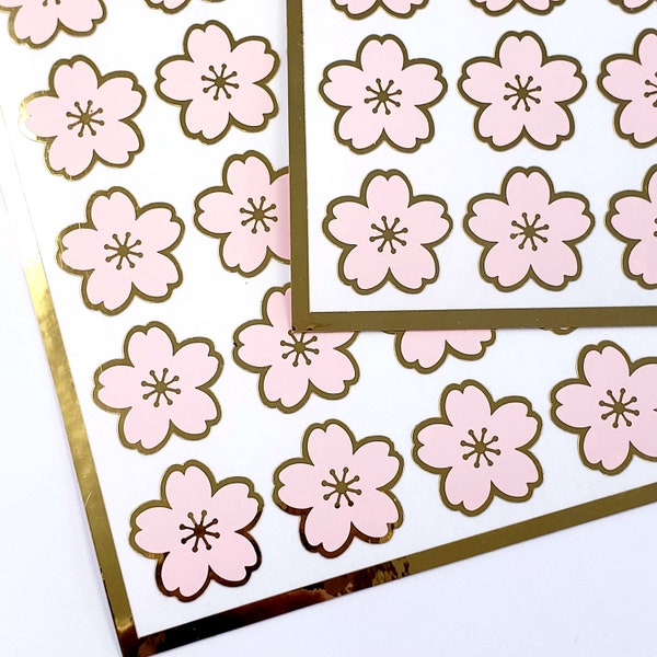 Cherry Blossom Stickers, set of 35 pink and gold Sakura Flower stickers for spring weddings, gift tags, cards, and scrapbooks, Gardener gift