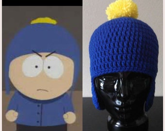 Crochet South Park Craig Tucker Blue With Yellow Pom Pom Crocheted Earflap Hat Perfect For A Craig Halloween Costume or Christmas gift Warm