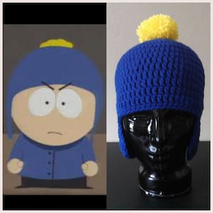 Crochet South Park Craig Tucker Blue With Yellow Pom Pom Crocheted Earflap Hat Perfect For A Craig Halloween Costume or Christmas gift Warm image 1