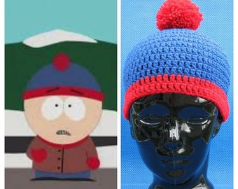 Crochet Stan Marsh South Park Beanie hat skull cap blue red stripe crocheted with LoTs of love Cosplay Halloween Christmas Gift