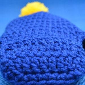 Crochet South Park Craig Tucker Blue With Yellow Pom Pom Crocheted Earflap Hat Perfect For A Craig Halloween Costume or Christmas gift Warm image 4