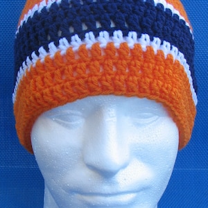 Denver Broncos Crocheted Skull Cap Beanie Game Day Gear Handmade Navy Orange White PomPom Warm Winter Super Bowl Head Gear