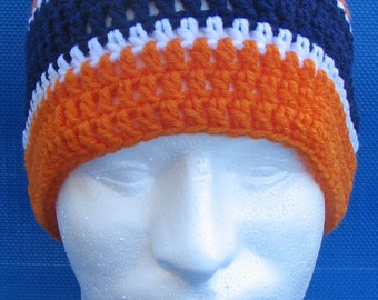 Denver Broncos Crocheted Skull Cap Beanie Game Day Gear Handmade Navy Orange White PomPom Warm Winter Super Bowl Head Gear
