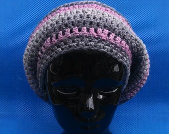 Slouchy Crochet Hat Pink and Grey/Gray Soft and Warm Ready To Ship Great for Chritmas and Winter Beret Tam Dreads