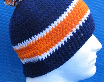 Denver Broncos Crocheted Skull Cap Beanie Game Day Gear Handmade Navy Orange White PomPom Warm Winter Super Bowl Head Gear