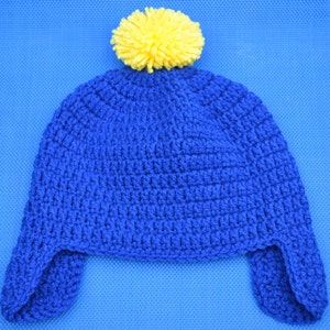 Crochet South Park Craig Tucker Blue With Yellow Pom Pom Crocheted Earflap Hat Perfect For A Craig Halloween Costume or Christmas gift Warm image 3